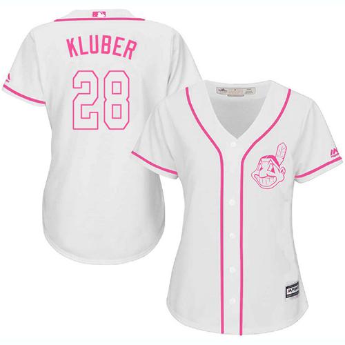 Indians #28 Corey Kluber White Pink Fashion Women's Stitched Baseball Jersey