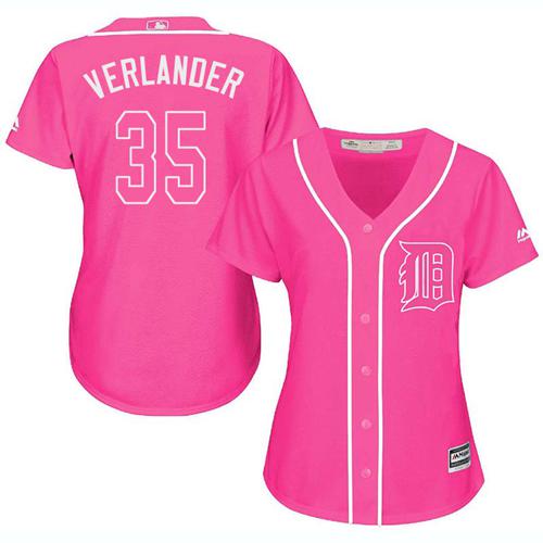 Tigers #35 Justin Verlander Pink Fashion Women's Stitched Baseball Jersey