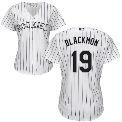 Rockies #19 Charlie Blackmon White Strip Home Women's Stitched Baseball Jersey