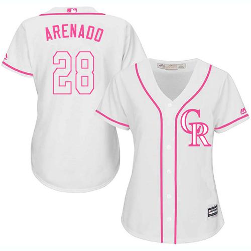 Rockies #28 Nolan Arenado White Pink Fashion Women's Stitched Baseball Jersey
