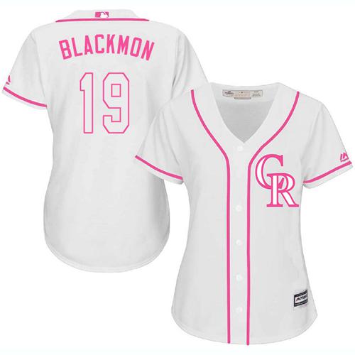Rockies #19 Charlie Blackmon White Pink Fashion Women's Stitched Baseball Jersey$20.99