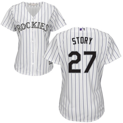 Rockies #27 Trevor Story White Strip Home Women's Stitched Baseball Jersey