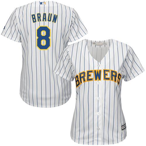 Brewers #8 Ryan Braun White With Blue Strip Lady Fashion Stitched Baseball Jersey