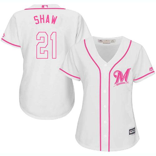 Brewers #21 Travis Shaw White Pink Fashion Women's Stitched Baseball Jersey