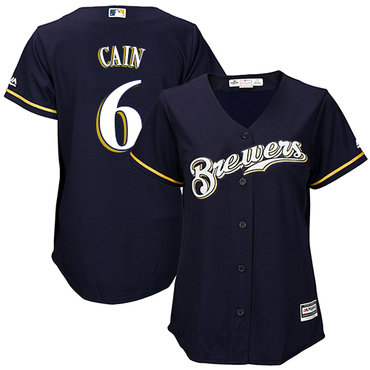Brewers #6 Lorenzo Cain Navy Blue Alternate Women's Stitched Baseball Jersey