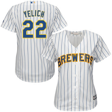 Brewers #22 Christian Yelich White Strip Home Women's Stitched Baseball Jersey