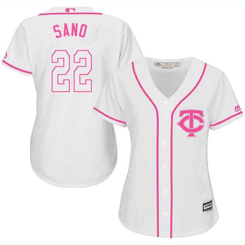 Twins #22 Miguel Sano White Pink Fashion Women's Stitched Baseball Jersey