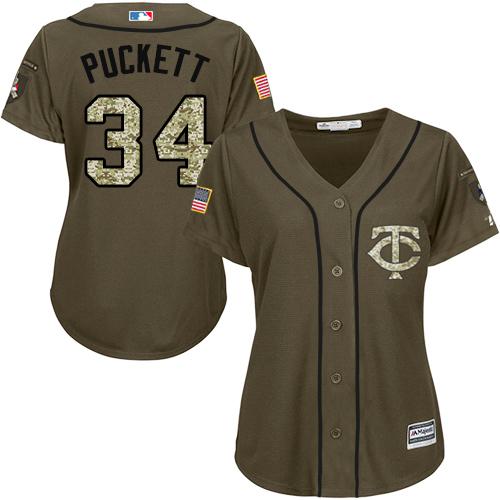 Twins #34 Kirby Puckett Green Salute to Service Women's Stitched Baseball Jersey
