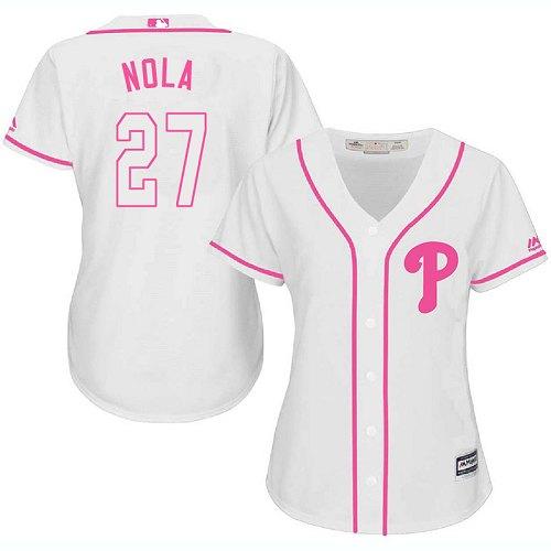 Phillies #27 Aaron Nola White Pink Fashion Women's Stitched Baseball Jersey