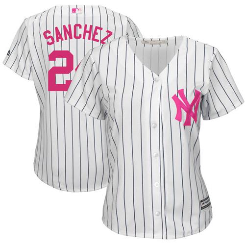 Yankees #24 Gary Sanchez White Strip Mother's Day Cool Base Women's Stitched Baseball Jersey