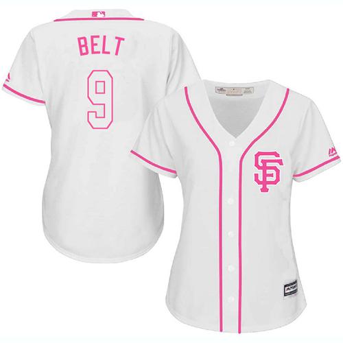 Giants #9 Brandon Belt White Pink Fashion Women's Stitched Baseball Jersey