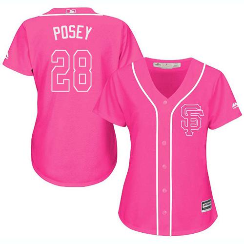 Giants #28 Buster Posey Pink Fashion Women's Stitched Baseball Jersey