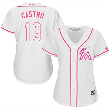 Marlins #13 Starlin Castro White Pink Fashion Women's Stitched Baseball Jersey