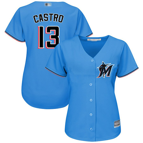 Marlins #13 Starlin Castro Blue Alternate Women's Stitched Baseball Jersey