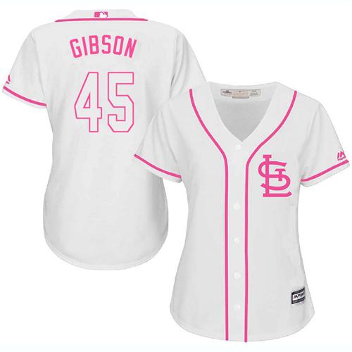 Cardinals #45 Bob Gibson White Pink Fashion Women's Stitched Baseball Jersey