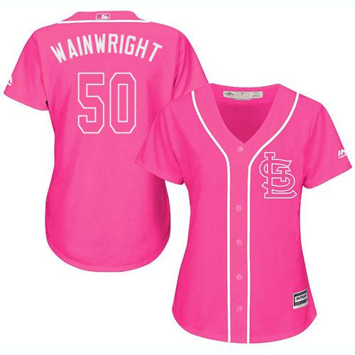 Cardinals #50 Adam Wainwright Pink Fashion Women's Stitched Baseball Jersey