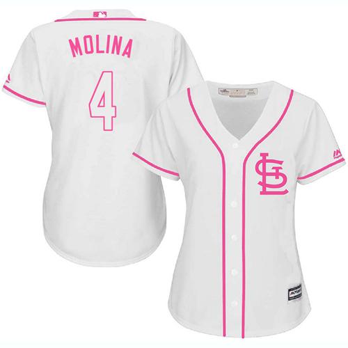 Cardinals #4 Yadier Molina White Pink Fashion Women's Stitched Baseball Jersey