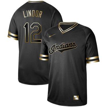 Indians #12 Francisco Lindor Black Gold Authentic Stitched Baseball Jersey