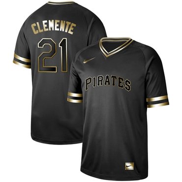 Pirates #21 Roberto Clemente Black Gold Authentic Stitched Baseball Jersey