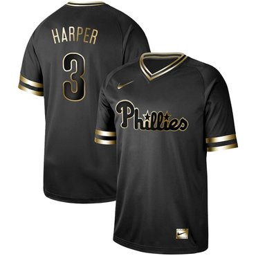 Phillies #3 Bryce Harper Black Gold Authentic Stitched Baseball Jersey