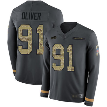Bills #91 Ed Oliver Anthracite Salute to Service Youth Stitched Football Limited Therma Long Sleeve Jersey