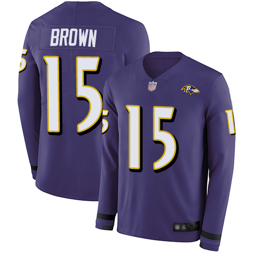 Ravens #15 Marquise Brown Purple Team Color Youth Stitched Football Limited Therma Long Sleeve Jersey