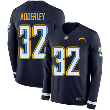 Chargers #32 Nasir Adderley Navy Blue Team Color Youth Stitched Football Limited Therma Long Sleeve Jersey