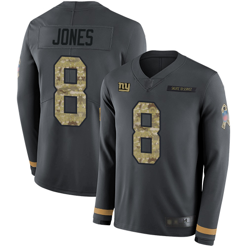 Giants #8 Daniel Jones Anthracite Salute to Service Youth Stitched Football Limited Therma Long Sleeve Jersey