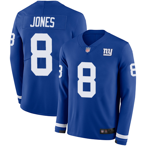 Giants #8 Daniel Jones Royal Blue Team Color Youth Stitched Football Limited Therma Long Sleeve Jersey