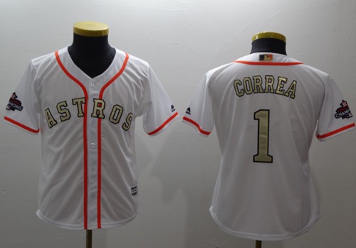 Astros #1 Carlos Correa White 2018 Gold Program Cool Base Stitched Youth Baseball Jersey