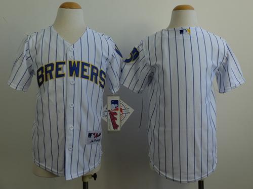 Brewers Blank White(blue stripe) Cool Base Stitched Youth Baseball Jersey