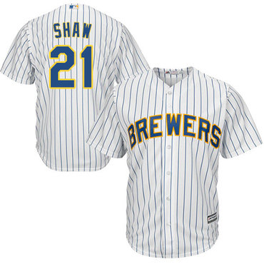 Brewers #21 Travis Shaw White Strip Cool Base Stitched Youth Baseball Jersey