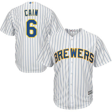 Brewers #6 Lorenzo Cain White Strip Cool Base Stitched Youth Baseball Jersey