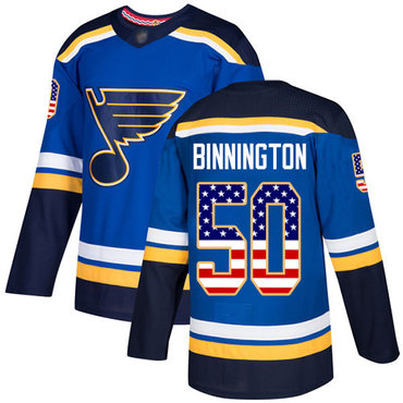 Blues #50 Jordan Binnington Blue Home Authentic USA Flag Stitched Hockey Jersey