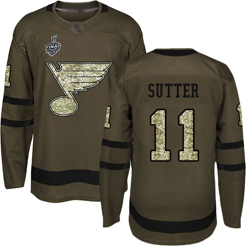Men's St. Louis Blues #11 Brian Sutter Green Salute to Service 2019 Stanley Cup Final Bound Stitched Hockey Jersey