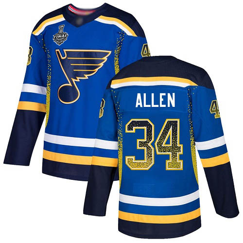 Men's St. Louis Blues #34 Jake Allen Blue Home Authentic Drift Fashion 2019 Stanley Cup Final Bound Stitched Hockey Jersey