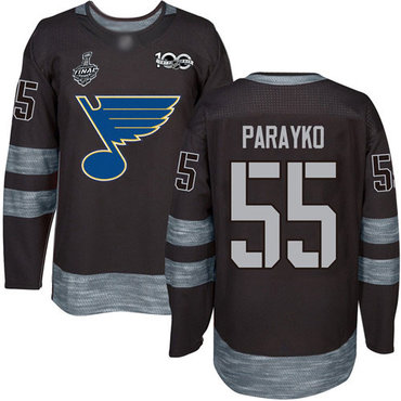 Men's St. Louis Blues #55 Colton Parayko Black 1917-2017 100th Anniversary 2019 Stanley Cup Final Bound Stitched Hockey Jersey