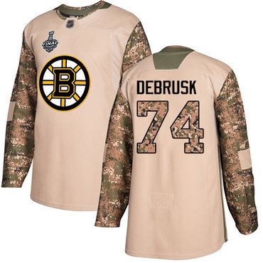 Men's Boston Bruins #74 Jake DeBrusk Camo Authentic 2017 Veterans Day 2019 Stanley Cup Final Bound Stitched Hockey Jersey