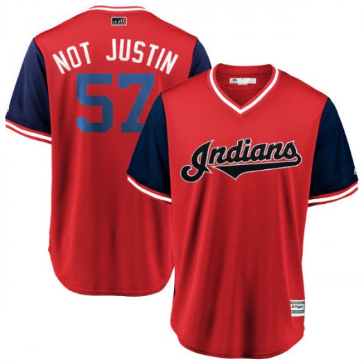 Men's Majestic #57 Shane Bieber Cleveland Indians Replica Red Navy NOT JUSTIN 2018 Players Weekend Cool Base Jersey