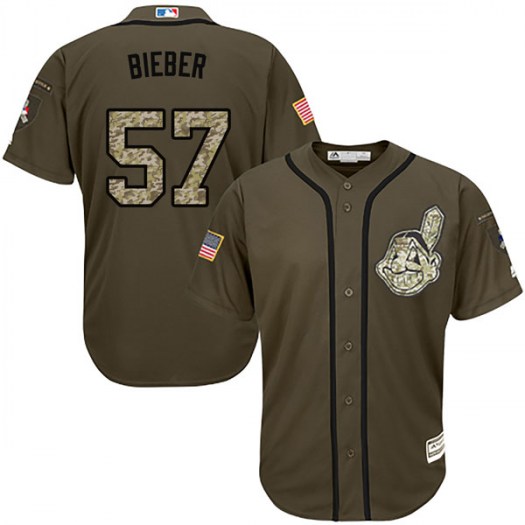 Men's Majestic #57 Shane Bieber Cleveland Indians Replica Green Salute to Service Jersey
