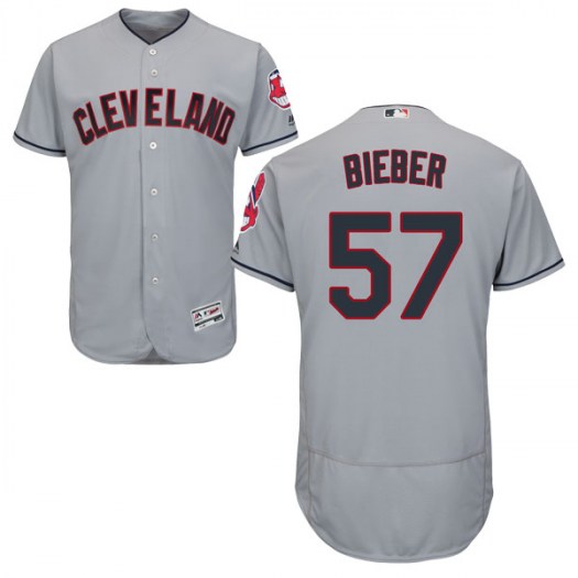 Men's Majestic #57 Shane Bieber Cleveland Indians Authentic Gray Flex Base Road Collection Jersey