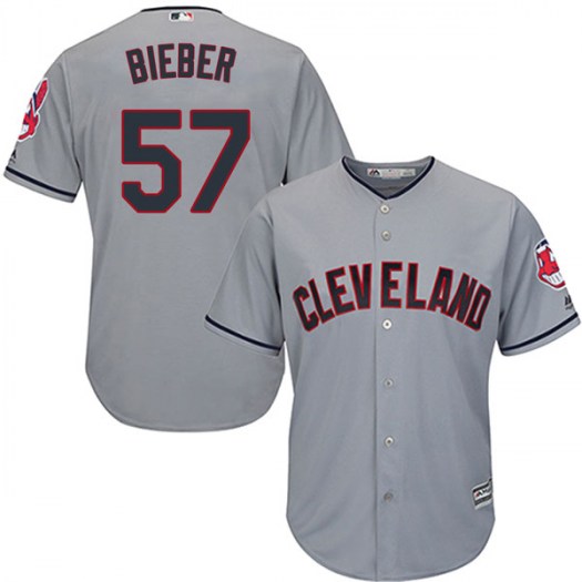 Men's Majestic #57 Shane Bieber Cleveland Indians Replica Gray Cool Base Road Jersey