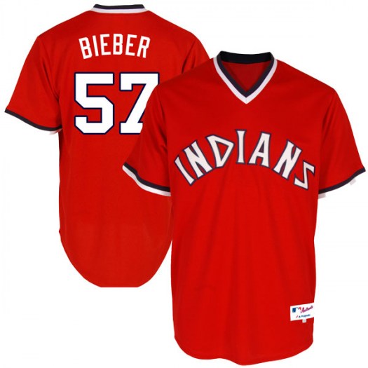 Men's Majestic #57 Shane Bieber Cleveland Indians Replica Red Turn Back the Clock Jersey