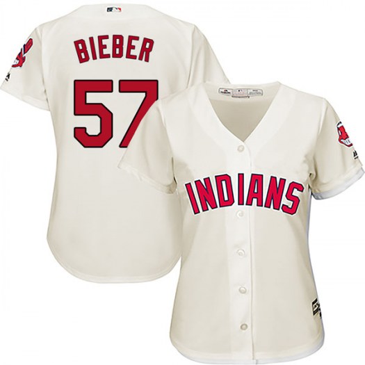 Women's Majestic #57 Shane Bieber Cleveland Indians Replica Cream Cool Base Alternate Jersey