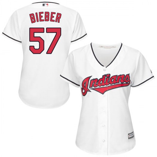 Women's Majestic #57 Shane Bieber Cleveland Indians Replica White Cool Base Home Jersey
