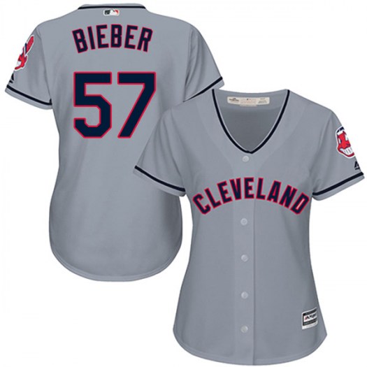 Women's Majestic #57 Shane Bieber Cleveland Indians Replica Gray Cool Base Road Jersey