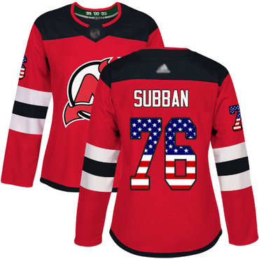 Devils #76 P. K. Subban Red Home Authentic USA Flag Women's Stitched Hockey Jersey