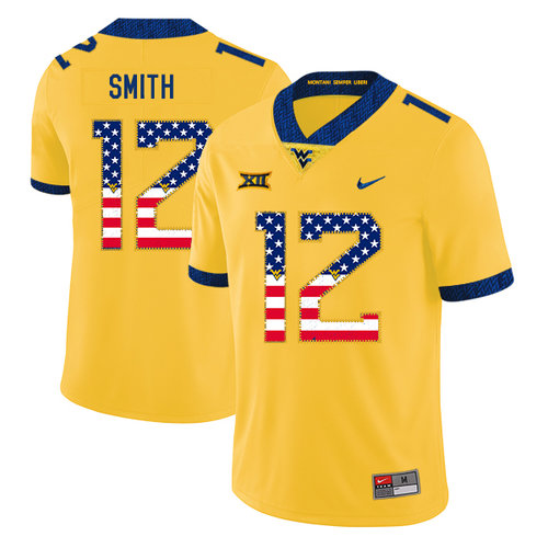 West Virginia Mountaineers 12 Geno Smith Yellow USA Flag College Football Jersey