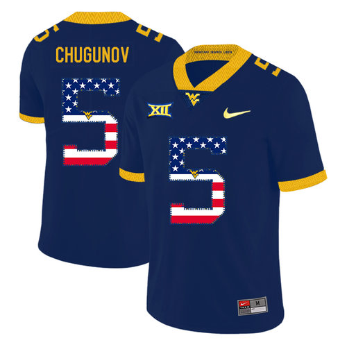 West Virginia Mountaineers 5 Chris Chugunov Navy USA Flag College Football Jersey