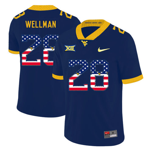 West Virginia Mountaineers 28 Elijah Wellman Navy USA Flag College Football Jersey